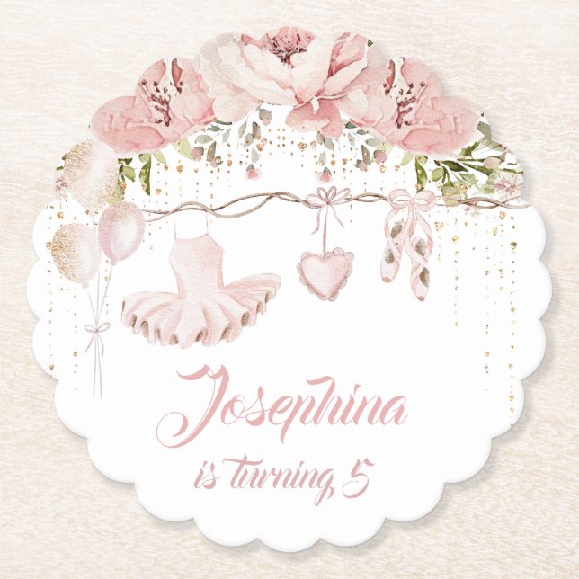 Ballerina blush pink tutu birthday party ballet  paper coaster (Front)