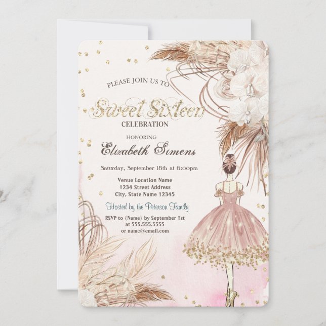 Ballerina Boho Flowers Rose Gold Sweet 16  Invitation (Front)