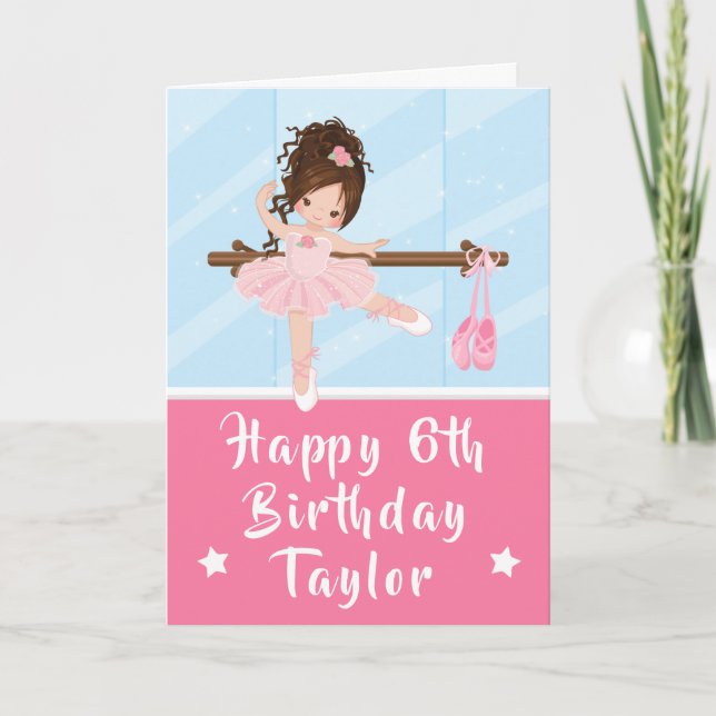 Ballerina Brown Hair Girl Pink Happy Birthday Card (Front)