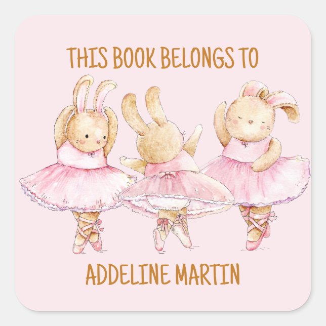 Ballerina Bunnies Dance Pink Child's Bookplate  Square Sticker (Front)