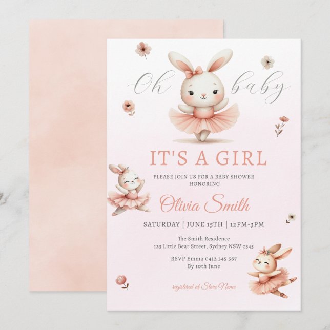 Ballerina Bunnies Oh Baby Bunny Girl Baby Shower Invitation (Front/Back)