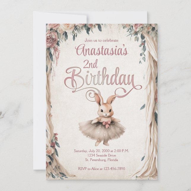 Ballerina Bunny Girl Birthday Invitation (Front)