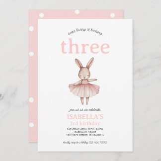 Ballerina Bunny Pink Rabbit Cute Girl 3rd Birthday Invitation
