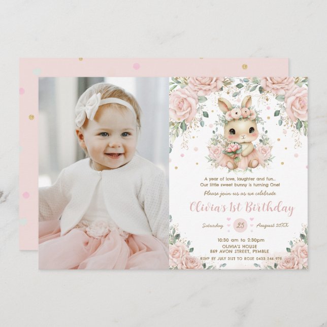 Ballerina Bunny Rabbit 1st 2nd 3rd Birthday Photo Invitation (Front/Back)