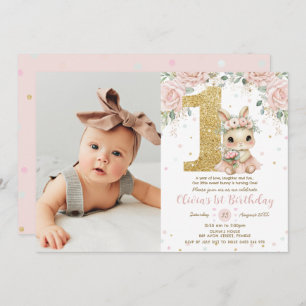 Ballerina Bunny Rabbit Blush 1st Birthday Photo Invitation