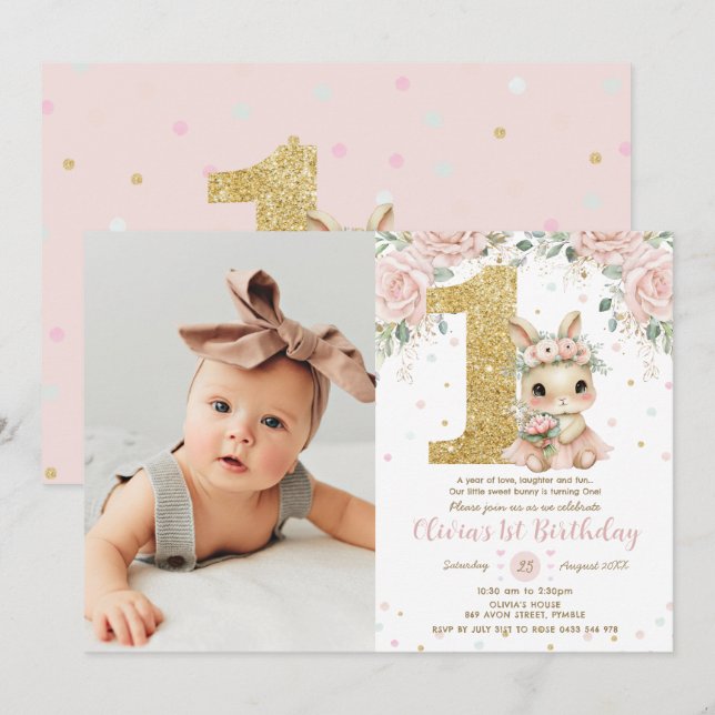 Ballerina Bunny Rabbit Blush 1st Birthday Photo Invitation (Front/Back)