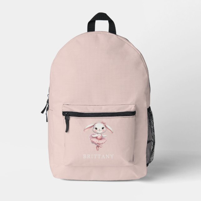 Ballerina Bunny Rabbit Monogram Name Pastel Pink Printed Backpack (Front)