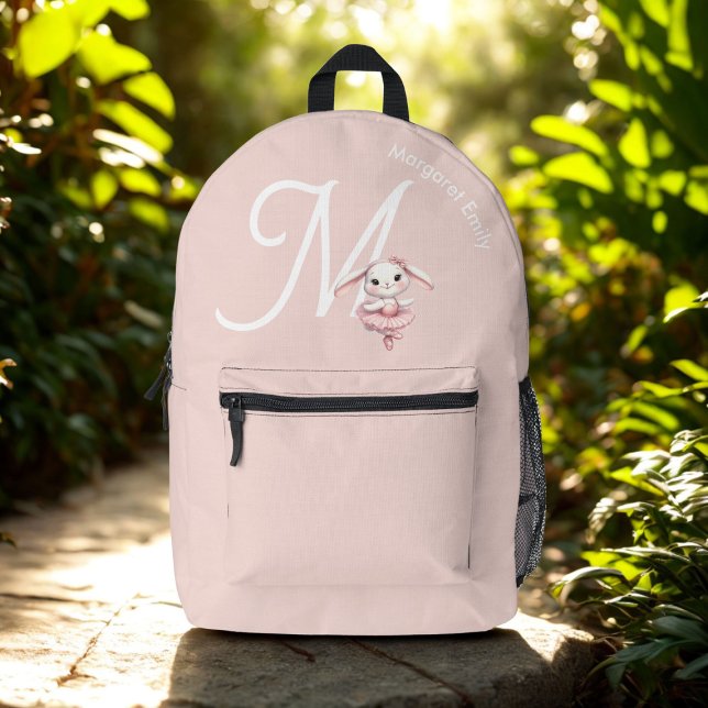 Ballerina Bunny Rabbit Monogram Name Pastel Pink Printed Backpack (Creator Uploaded)