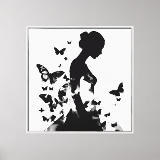 Ballerina & Butterflies Silhouette Monochromatic Canvas Print