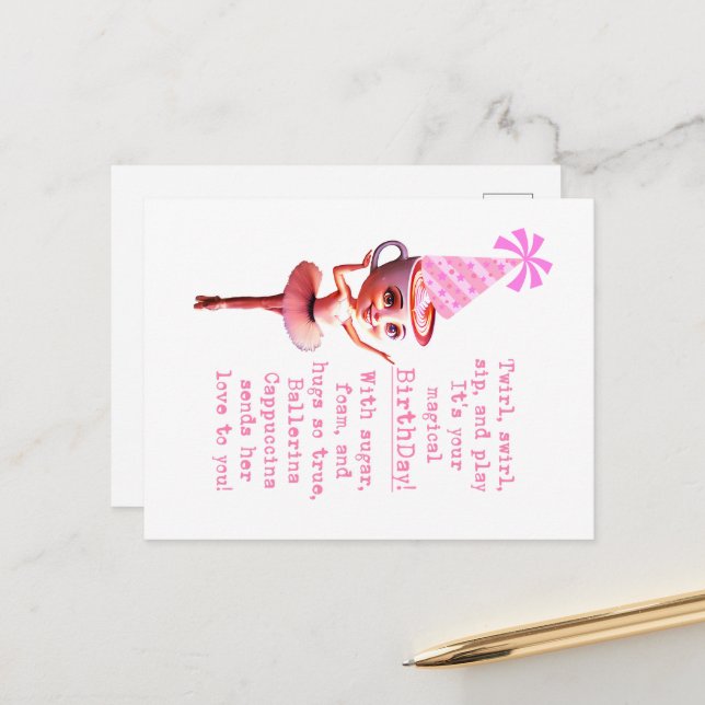 Ballerina Cappuccina Birthday Card – Cute Coffee B (Front/Back In Situ)