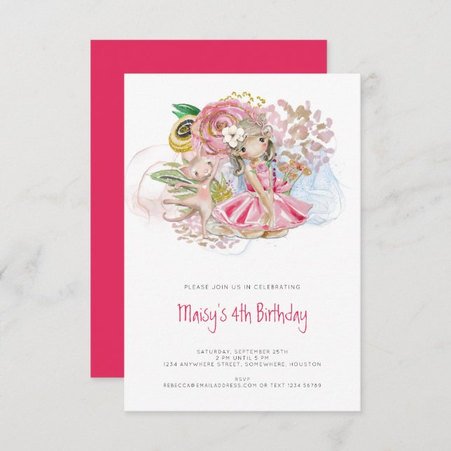 Ballerina Cat Florals Pink Girl 4th Birthday Party Invitation (Front/Back)