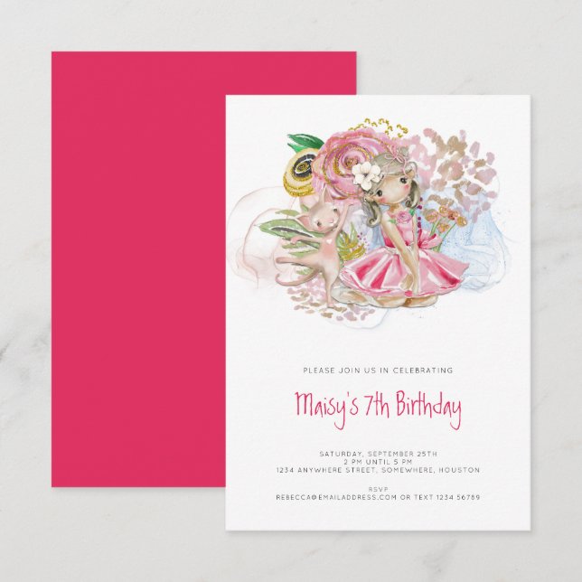 Ballerina Cat Florals Pink Girl 7th Birthday Party Invitation (Front/Back)