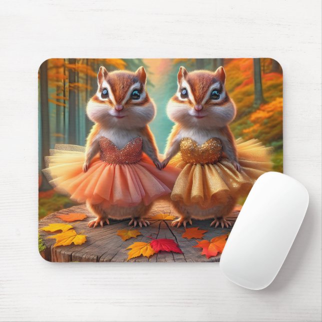 Ballerina Chipmunks On a Fall Tree Stump Mouse Mat (With Mouse)