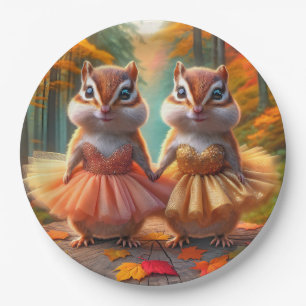 Ballerina Chipmunks On a Fall Tree Stump Paper Plate