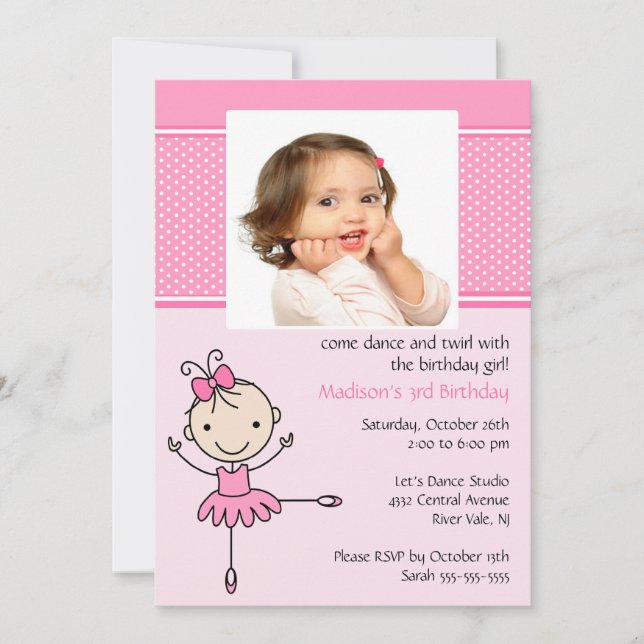 Ballerina Dance Photo Birthday Invitation (Front)