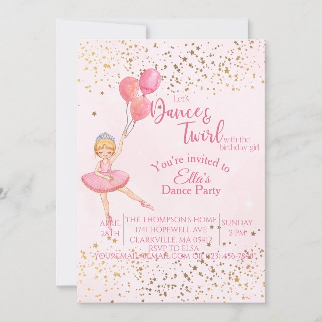 Ballerina dance pink watercolor birthday  invitation (Front)