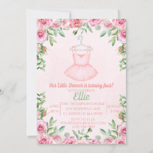 Ballerina dance pink watercolor birthday  invitation