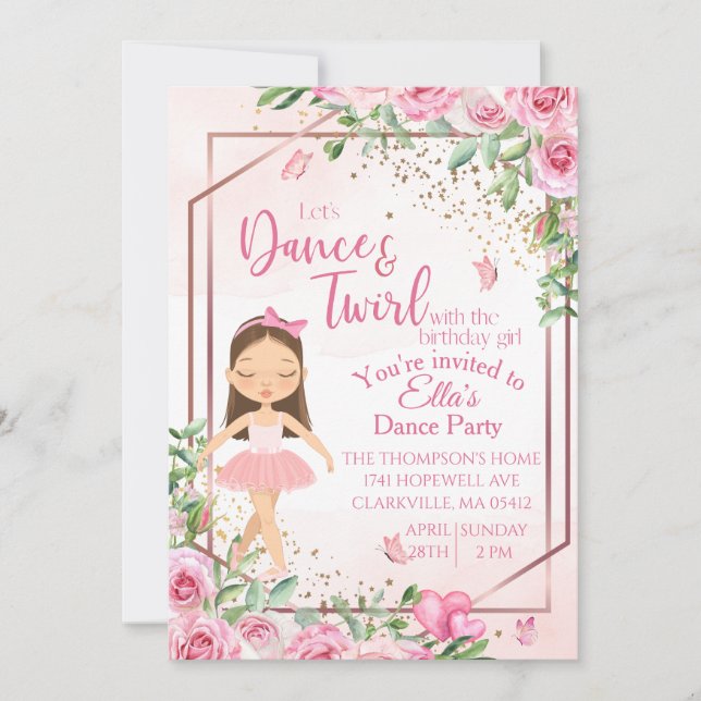 Ballerina dance pink watercolor birthday  invitation (Front)