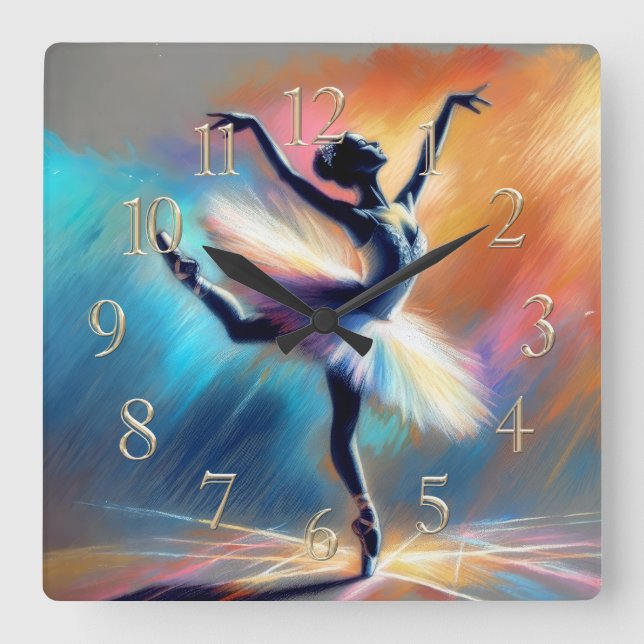 Ballerina Dancer Pastel Drawing Colourful Square Wall Clock (Front)