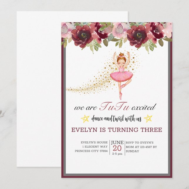 Ballerina Dancer| Pink Floral Ballet Birthday Invitation (Front/Back)