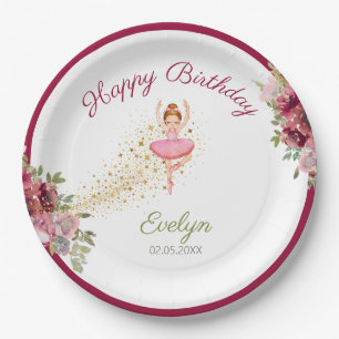 Ballerina Dancer  Pink Floral Ballet Birthday Paper Plate