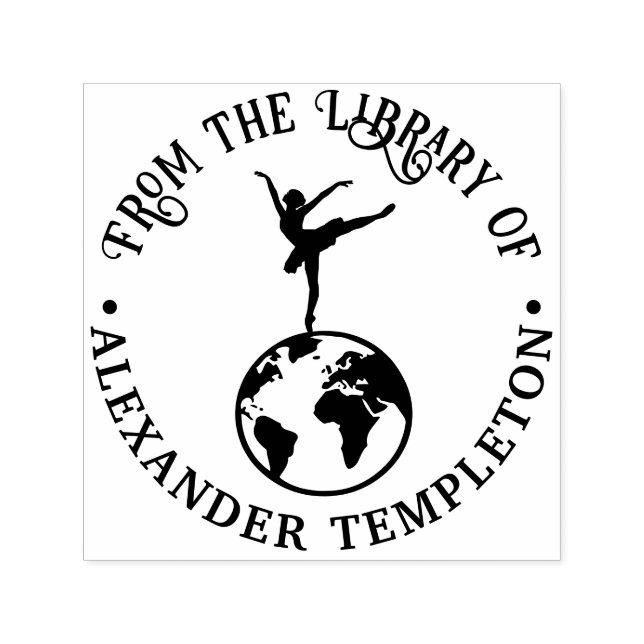 Ballerina Dancing on World Globe Library Book Self-inking Stamp (Design)