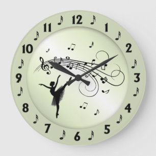 Ballerina Dancing with Music Notes Green Large Clock
