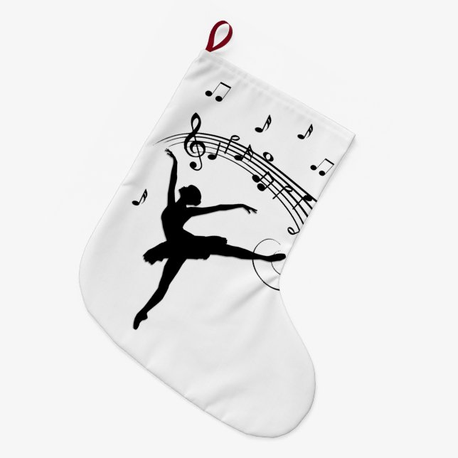 Ballerina Dancing with Music Notes Large Christmas Stocking (Front (Hanging))