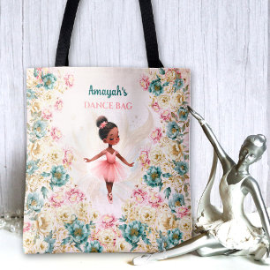 Ballerina Dark Skin Girl Pink Teal Floral Dance Tote Bag