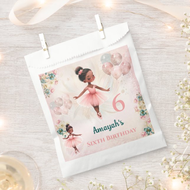Ballerina Dark Skin Pink Teal Floral Birthday Favour Bags (Clipped)