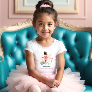 Ballerina Dark Skin Pink Teal Floral Birthday Girl T-Shirt