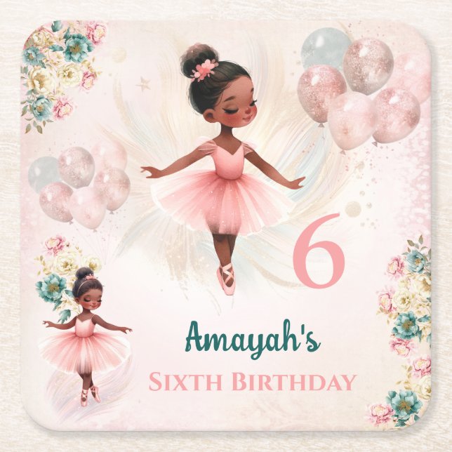 Ballerina Dark Skin Pink Teal Floral Birthday Square Paper Coaster (Front)