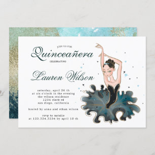 Ballerina emerald and gold Quinceanera Invitation