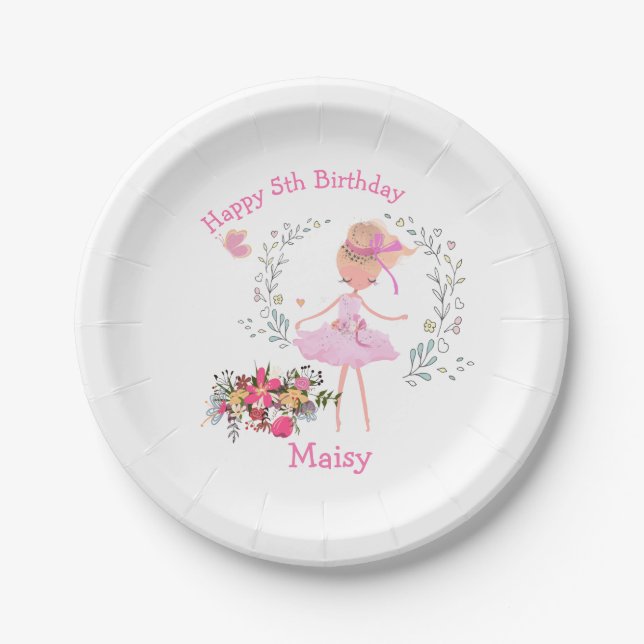 Ballerina Floral Design Birthday Party Paper Plate (Front)