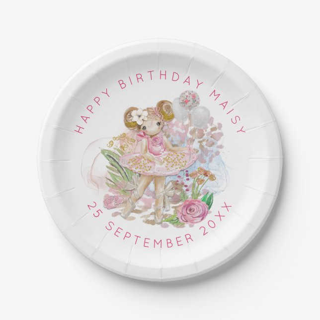Ballerina Floral Name Girl Happy Birthday Party Paper Plate (Front)
