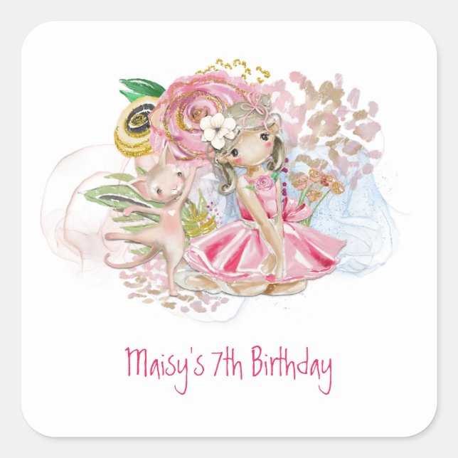 Ballerina Florals Cat Pink Girl 7th Birthday Party Square Sticker (Front)