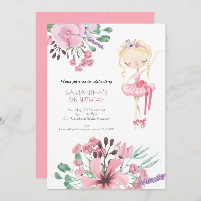 Ballerina Florals Foliage Girl 8th Birthday Party Invitation (Front/Back)
