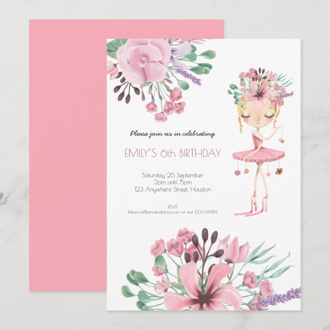 Ballerina Florals Foliage Girls 6th Birthday Party Invitation (Front/Back)