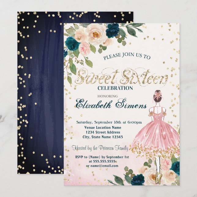 Ballerina Flowers Diamonds Navy Blue Sweet 16  Invitation (Front/Back)