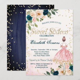 Ballerina Flowers Diamonds Navy Blue Sweet 16  Invitation