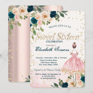 Ballerina Flowers Diamonds Rose Gold Sweet 16 Invitation