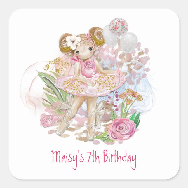Ballerina Flowers Pink Girl 7th Birthday Party Square Sticker (Front)