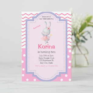  Ballerina girl birthday invite, bunny dance twirl Invitation
