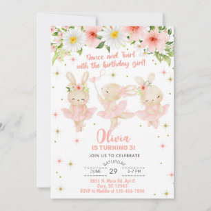 Ballerina girl birthday invite, bunny dance twirl. invitation