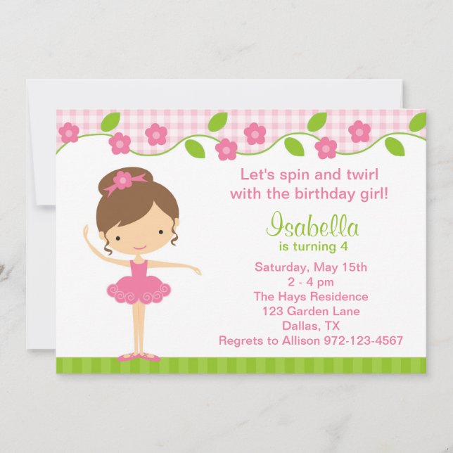 Ballerina Girl Birthday Party Invitations (Front)