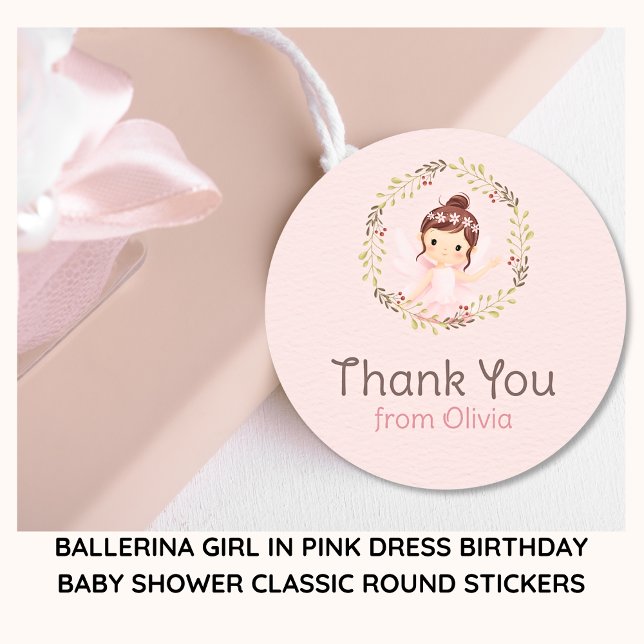 Ballerina Girl in Pink Dress Birthday Baby Shower Classic Round Sticker (Ballerina Pink Wreath Thank You Stickers)