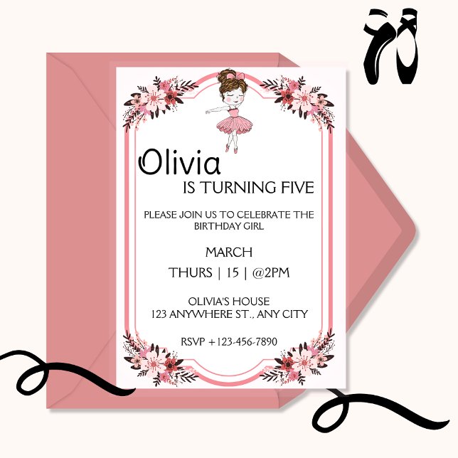 Ballerina Girl in Pink Dress Birthday Party Invitation (Creator Uploaded)