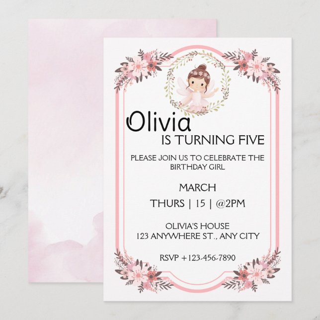Ballerina Girl Pink Floral Wreath Birthday Party Invitation (Front/Back)