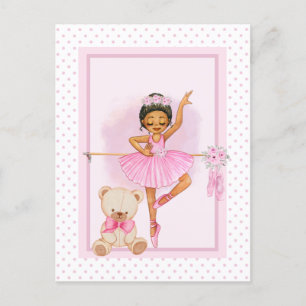Ballerina girl & teddy bear pink polka dot postcard