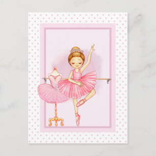 Ballerina girl & teddy bear pink polka dot postcard